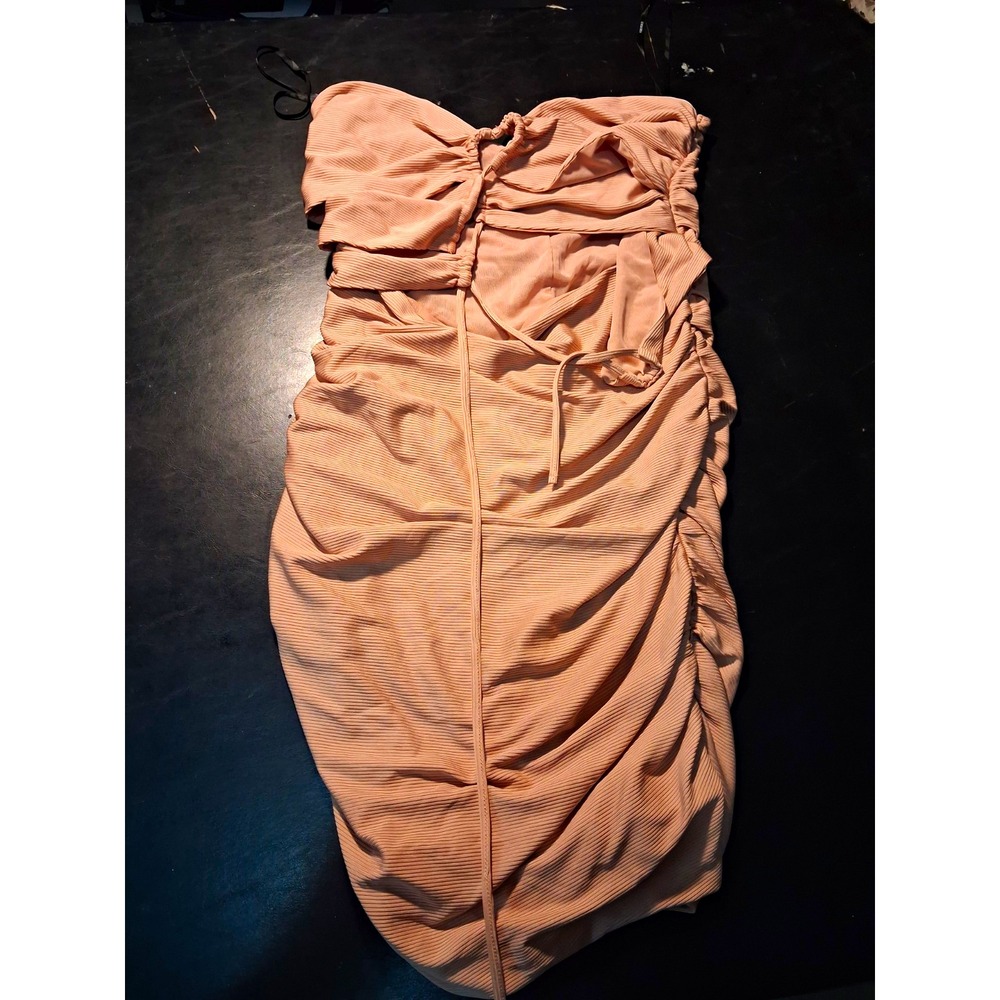 FOREVER 21 Beige Solid Mesh Ruched Ruffle Strapless Bodycon Knee Dress Size L